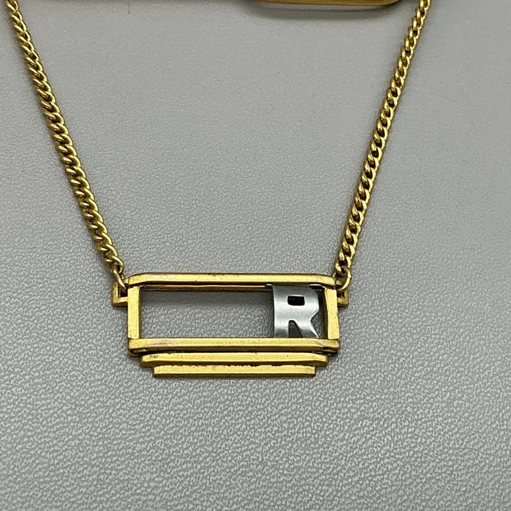 Swank Tie Clip Vintage Gold Tone Initial R Letter Charm Safety Chain Tie Bar